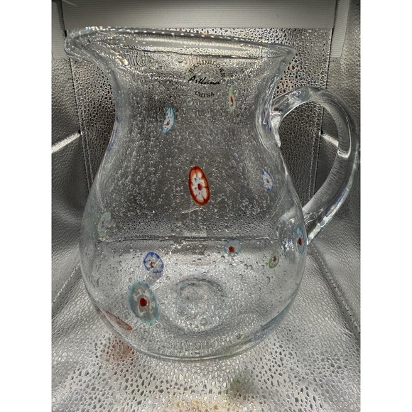 Unmarked Other - Hand Blown Clear Glass Pitcher with Millefiori 9" x 7"